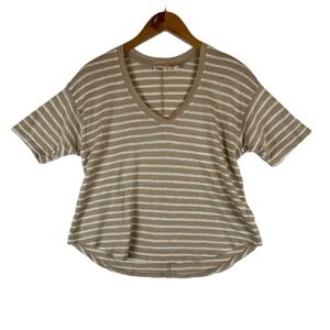 Faherty Womens Tan White Stripe 100% Oceanside‎ Linen V-Neck Short Sleeve Tee XS
